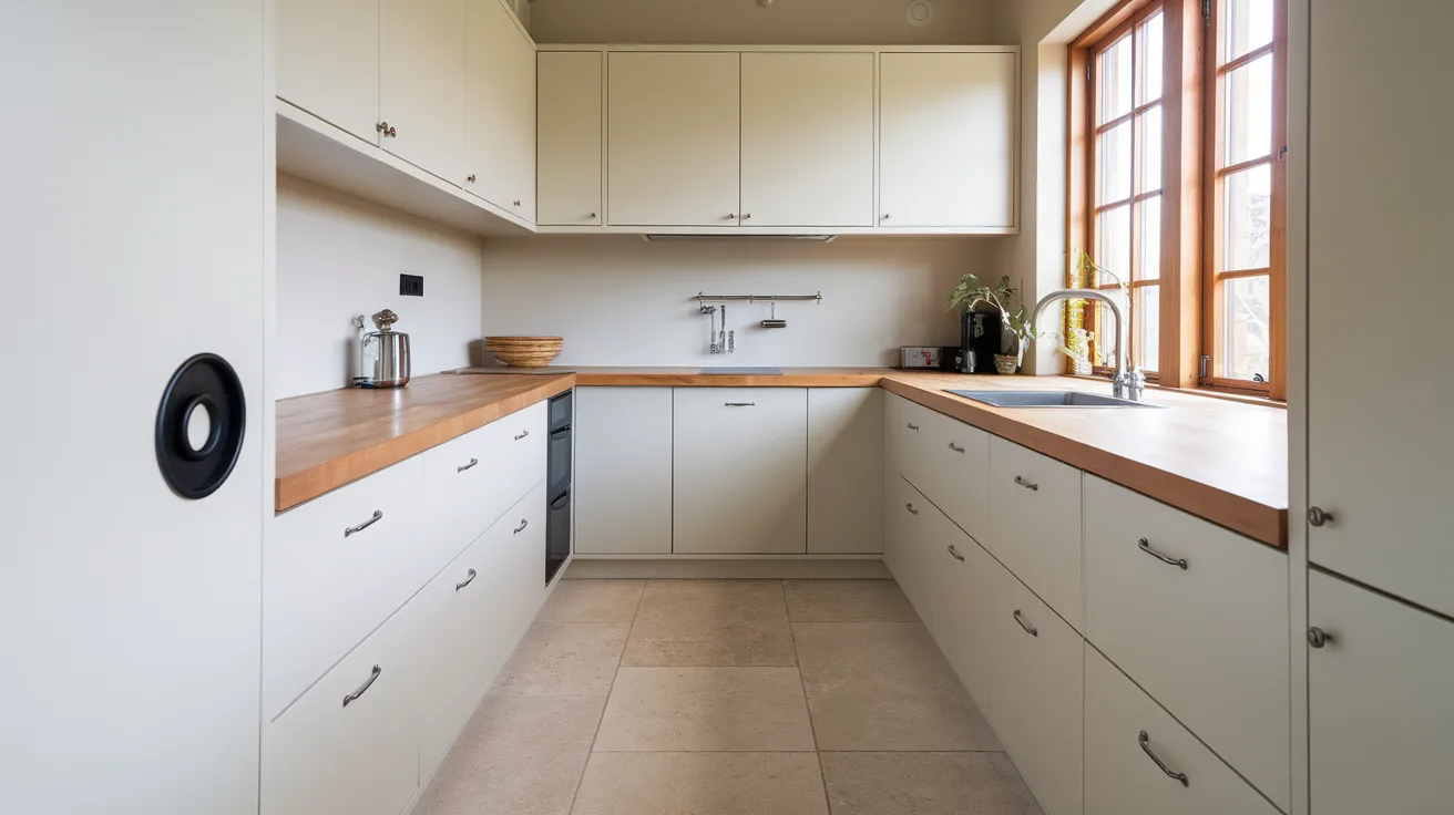 bauhaus kitchen with flat front cabinets, clean lines, minimal hardware, and functional modern design