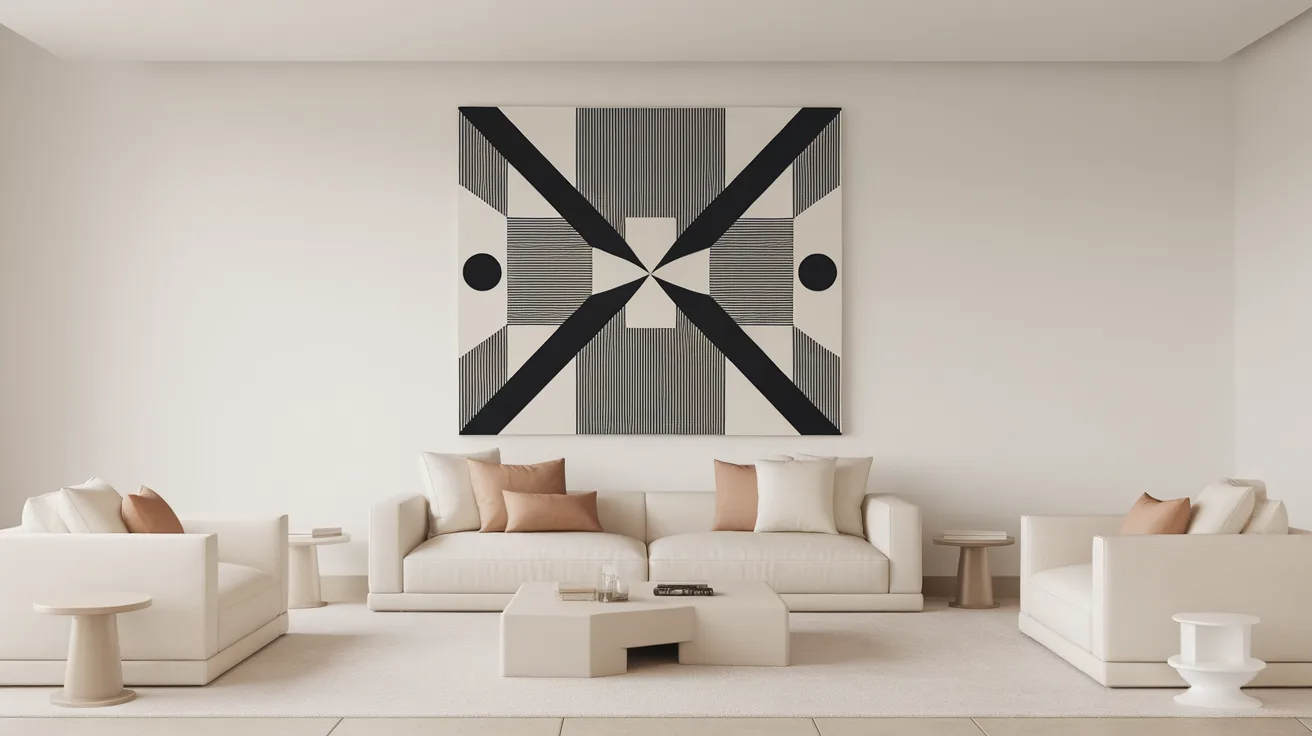 bauhaus living room featuring one bold geometric art piece as a focal point with minimal furniture and open space