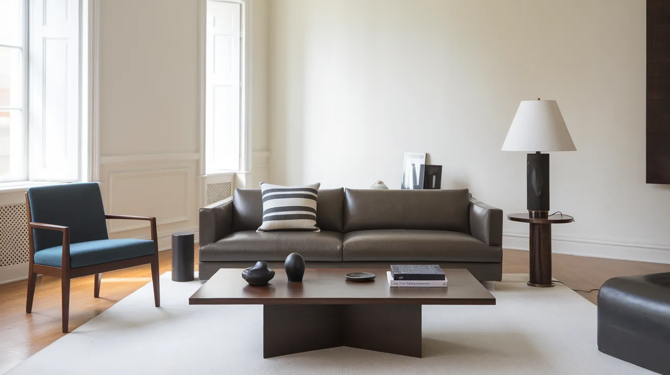 bauhaus living room with clear table surfaces, minimal decor, functional furniture, and uncluttered modern layout