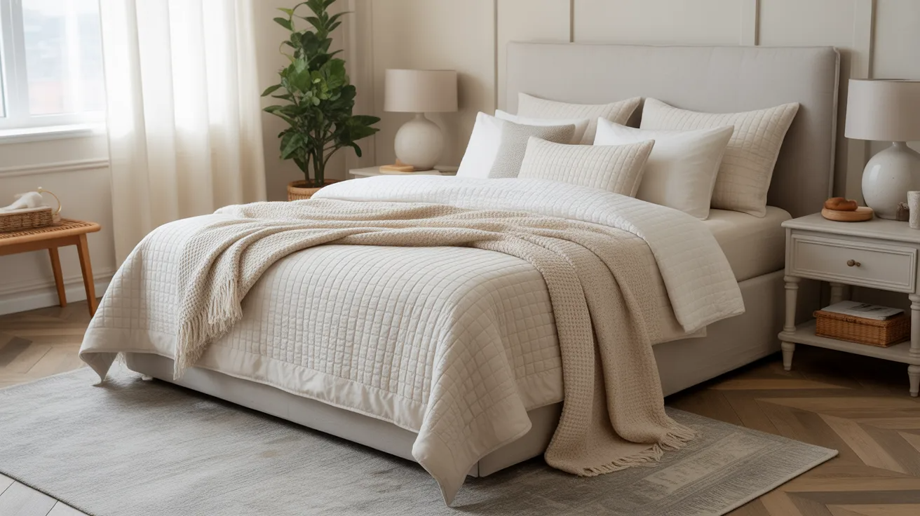 bedroom with layered bedding, knit throw, soft rug, and upholstered headboard adding texture and a calm, cozy mood
