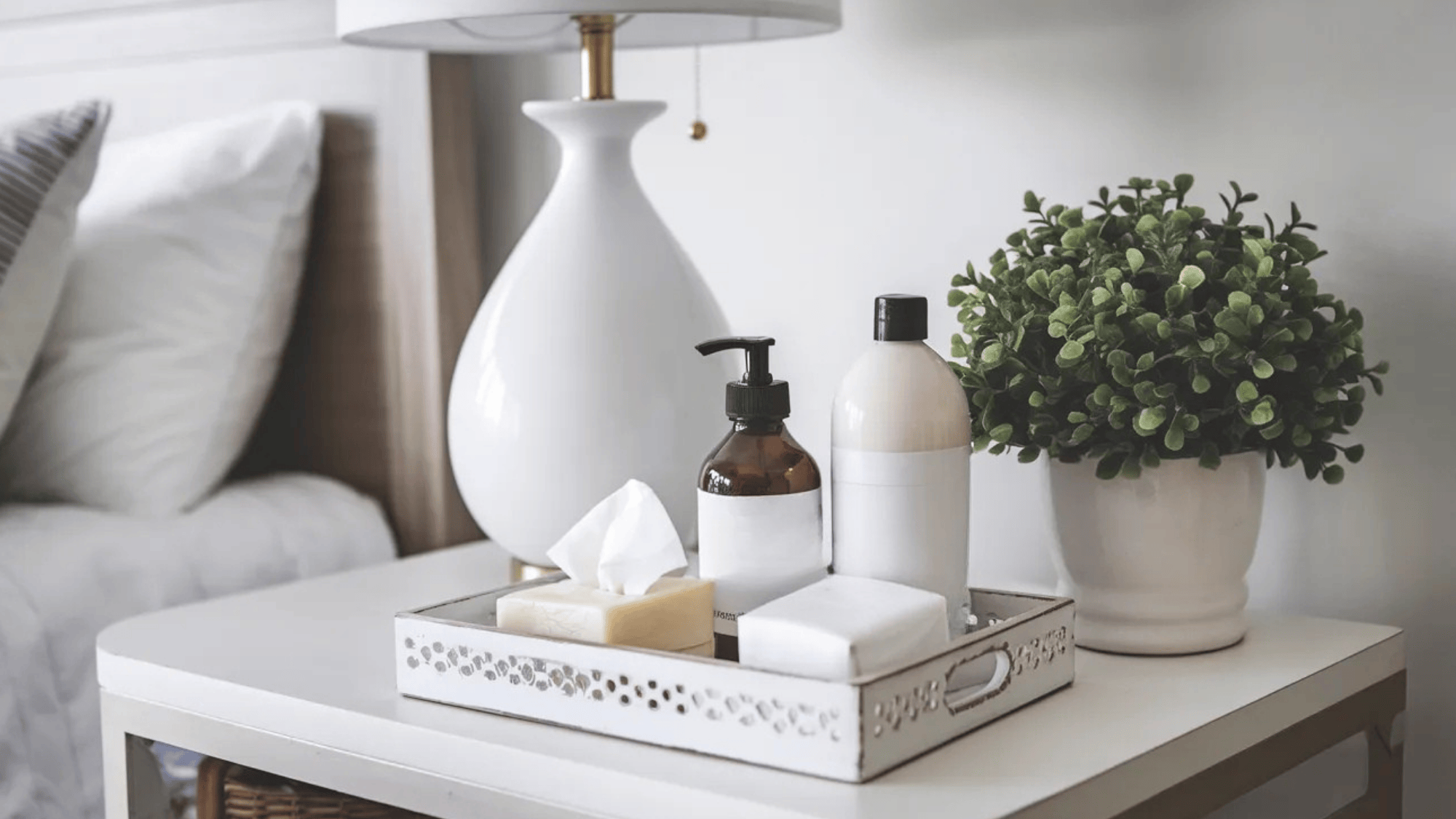 bedside table with toiletries, tissue box, and potted plant