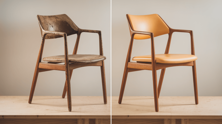 before and after restoration of a mid-century teak dining chair showing dull worn finish on the left and warm refinished teak on the right