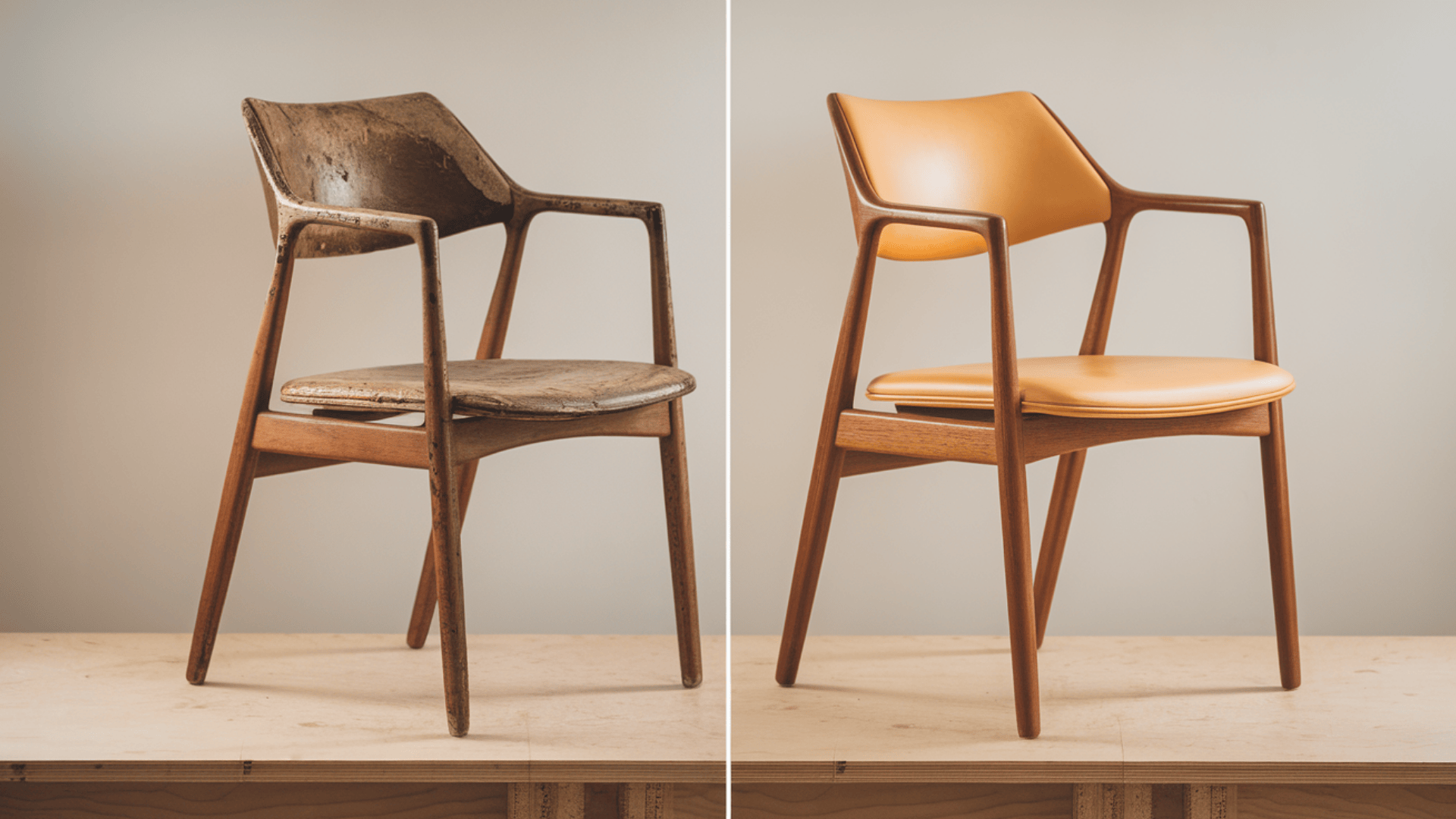 before and after restoration of a mid-century teak dining chair showing dull worn finish on the left and warm refinished teak on the right