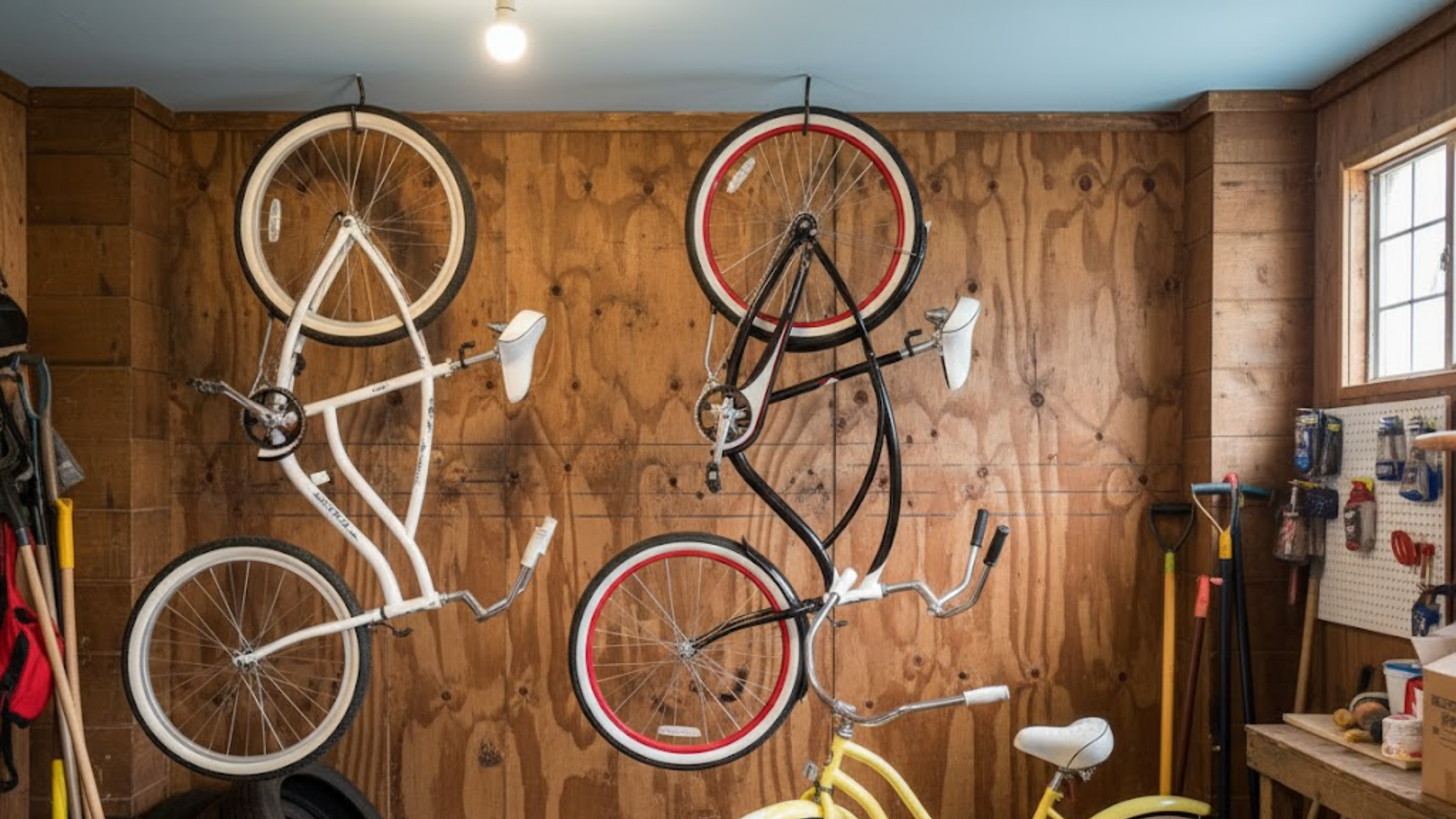 bicycles hanging on the wall in a garage with tires, shovels, and a workbench with tools and supplies