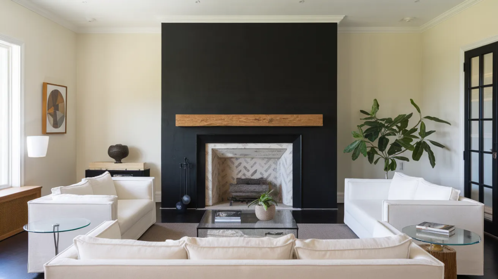 black painted fireplace accent wall with wood mantel and light furniture in a cozy modern living room