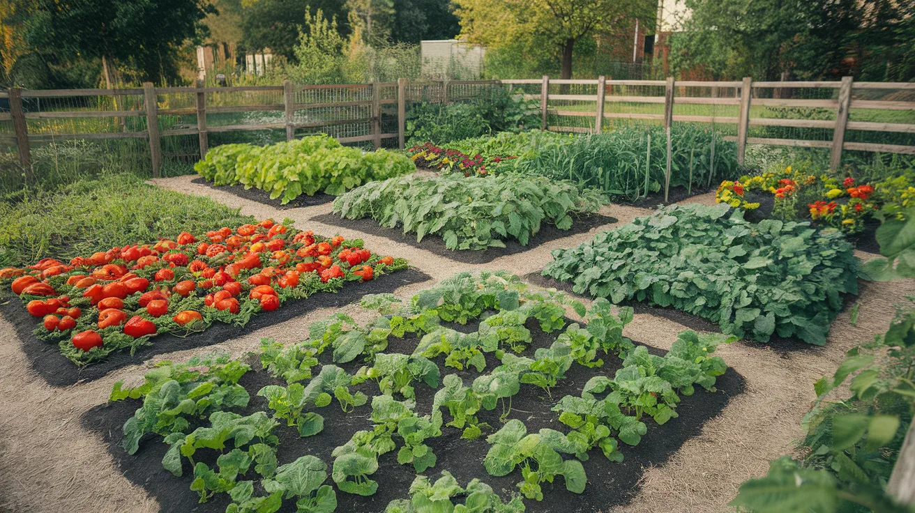 block planting vegetable garden layout with crops grouped in square sections for easy watering and harvesting