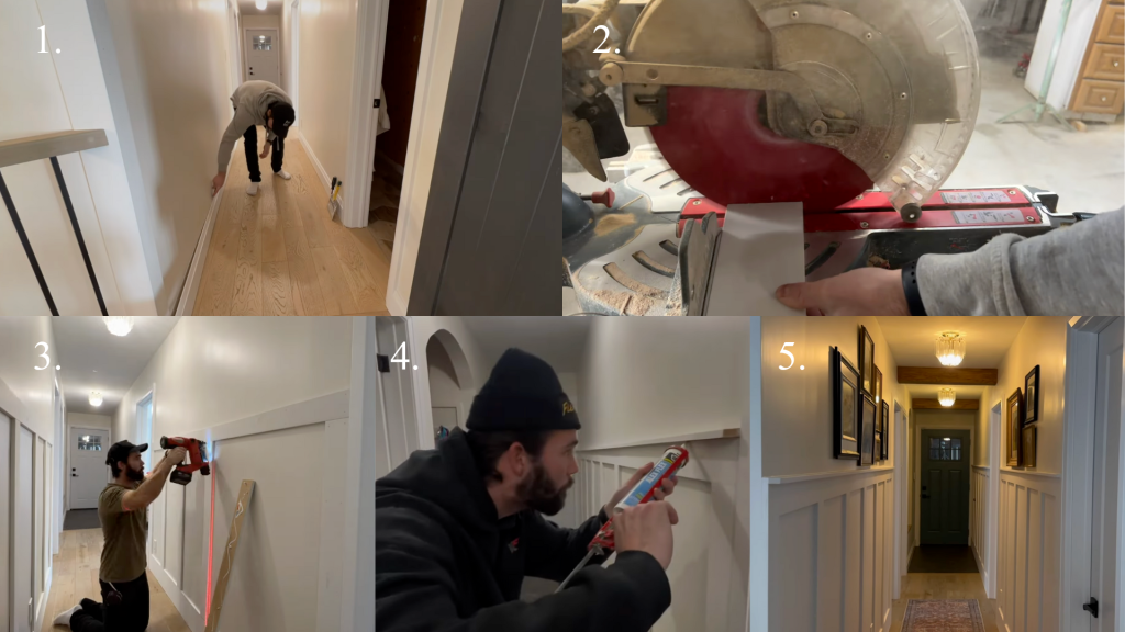 board and batten hallway installation process showing wall prep, measuring and cutting mdf boards, attaching battens, filling seams, and painting for a clean finished look