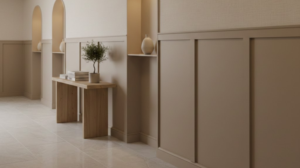board and batten hallway using subtle contrast between panels and walls for a soft and polished look