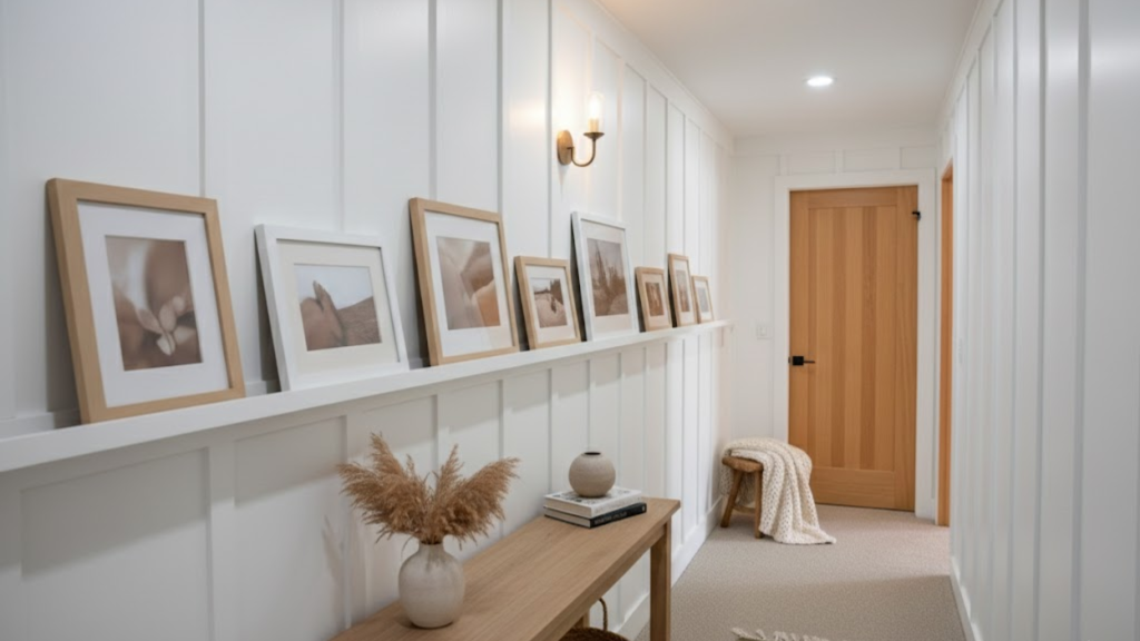 board and batten hallway with a narrow picture ledge displaying framed photos in a warm and inviting space