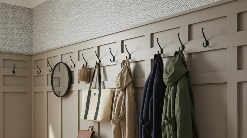 board and batten hallway with wall hooks used for coats and bags creating a practical entryway look