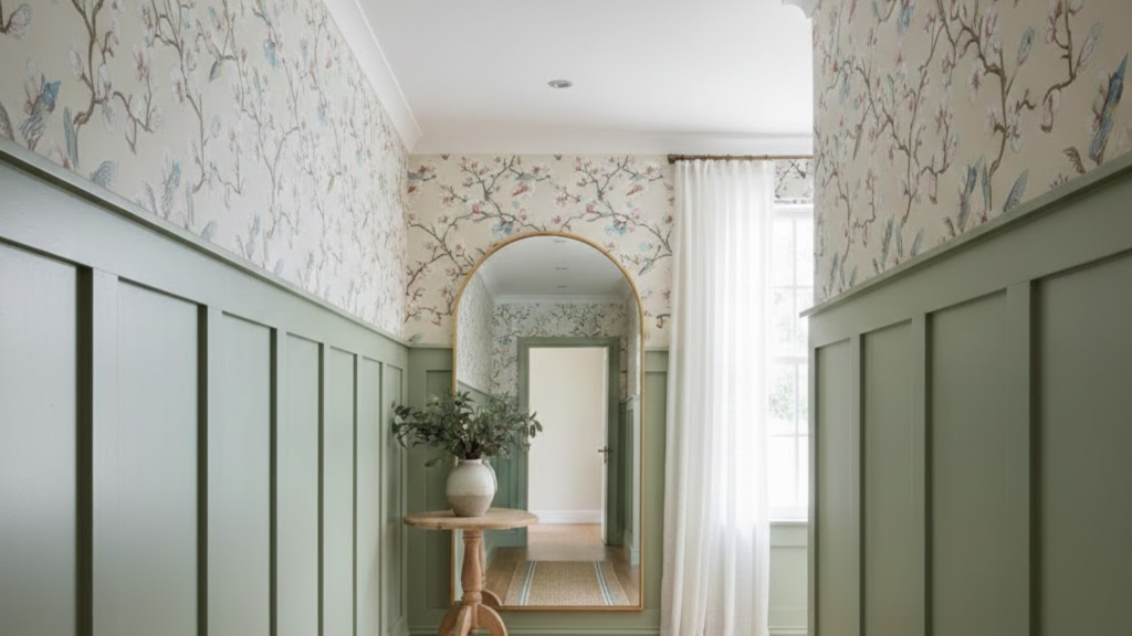board and batten hallway with wallpaper above the panels adding texture and visual interest to the space