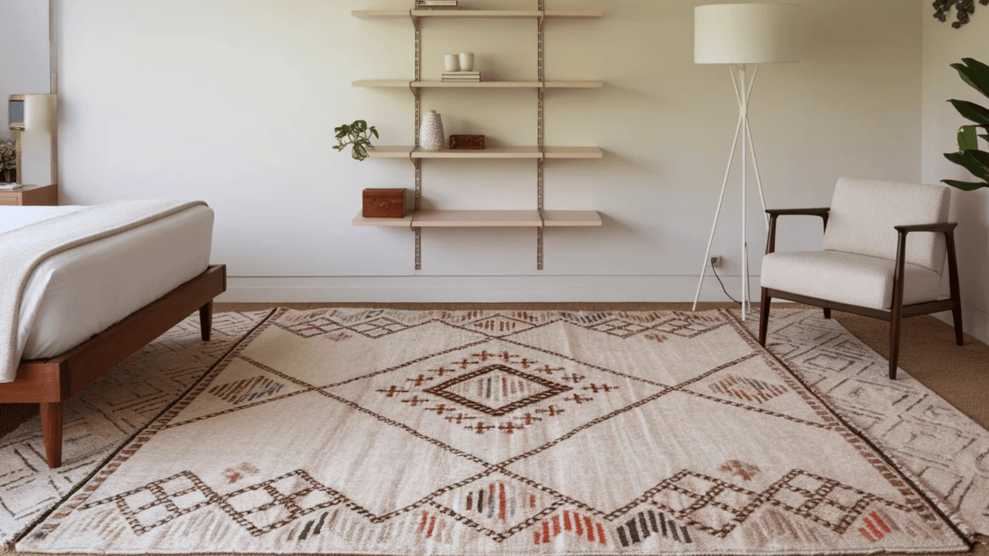 bohemian style rug with geometric patterns in warm tones, adding texture and style to the bedroom floor