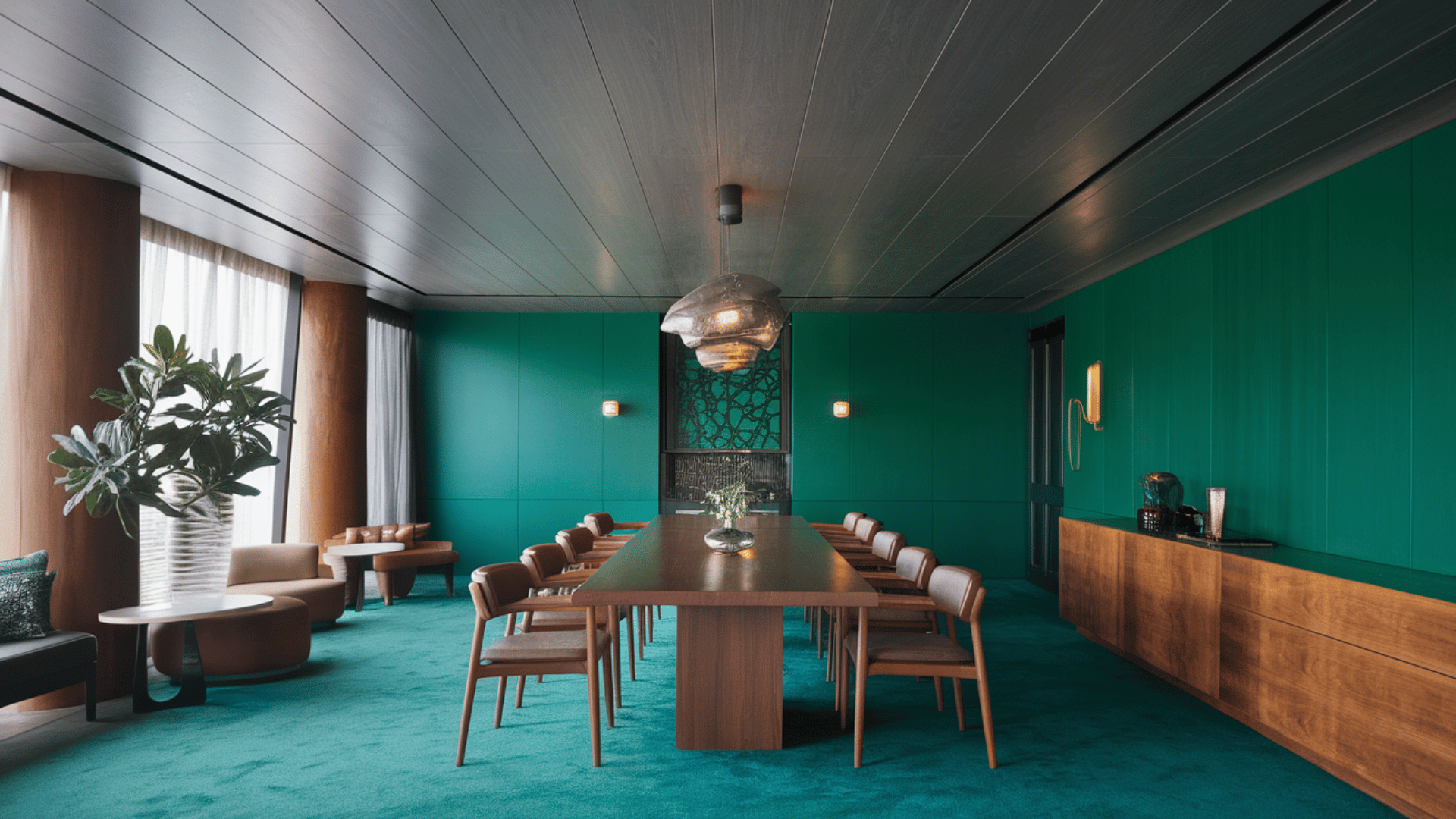bold dining room with an emerald green color scheme, a dark wood ceiling, modern furniture, and a unique pendant light.