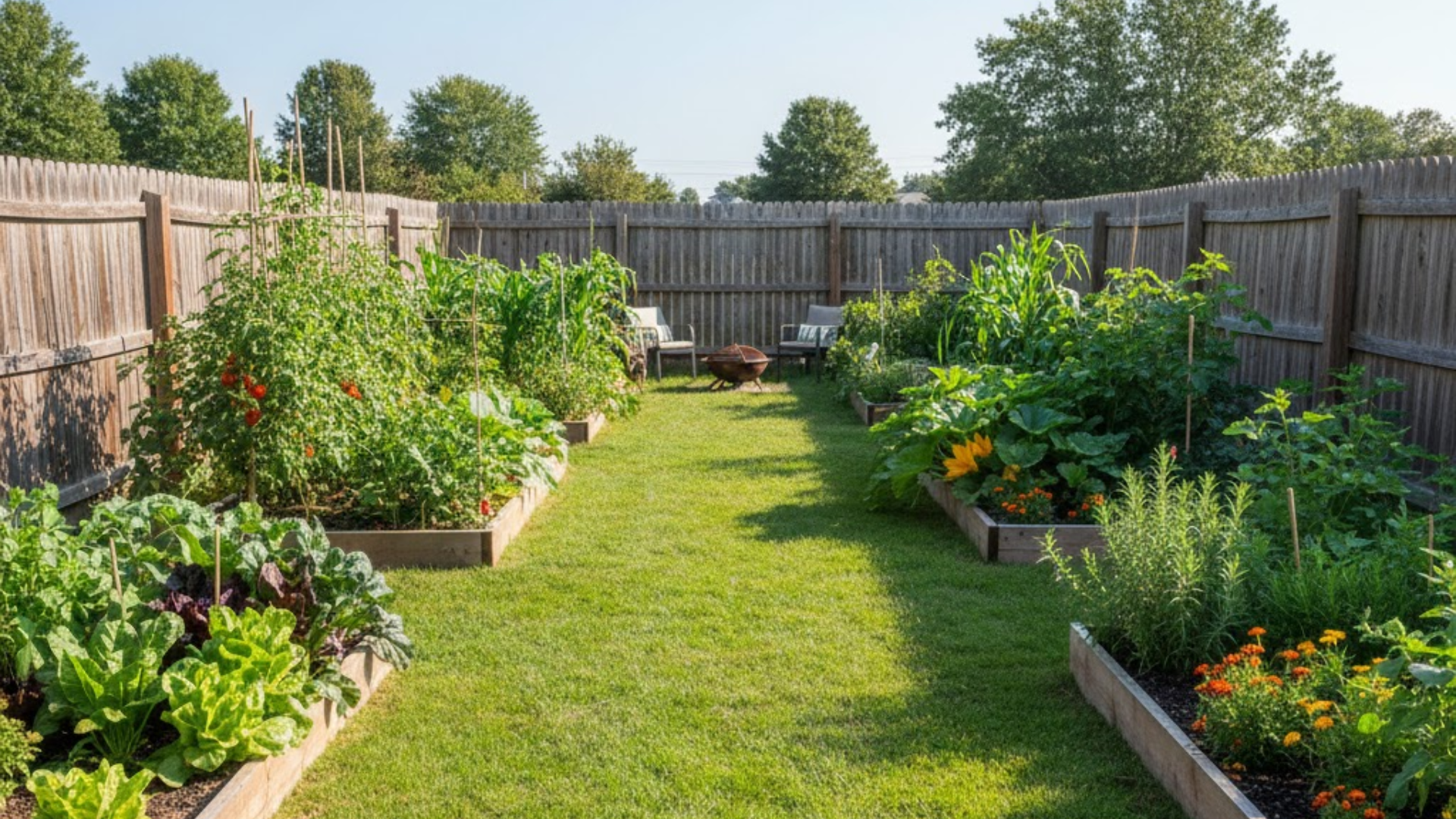 border only vegetable garden layout with crops planted along fences and edges to save space