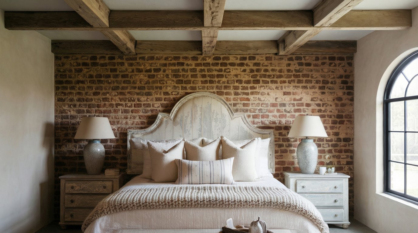 brick wall on the bed side wall in bedroom