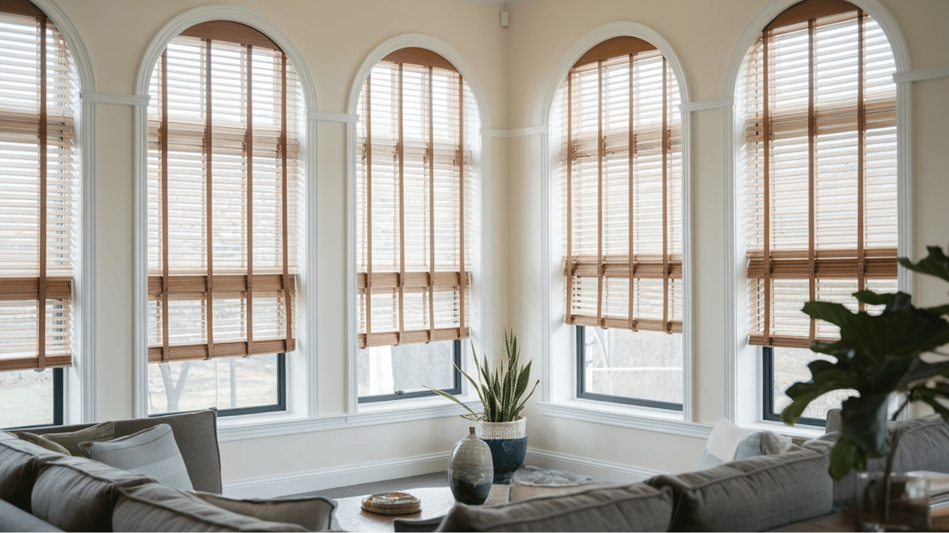 bright living room with arched windows featuring cordless blinds, a grey sofa, and a potted snake plant