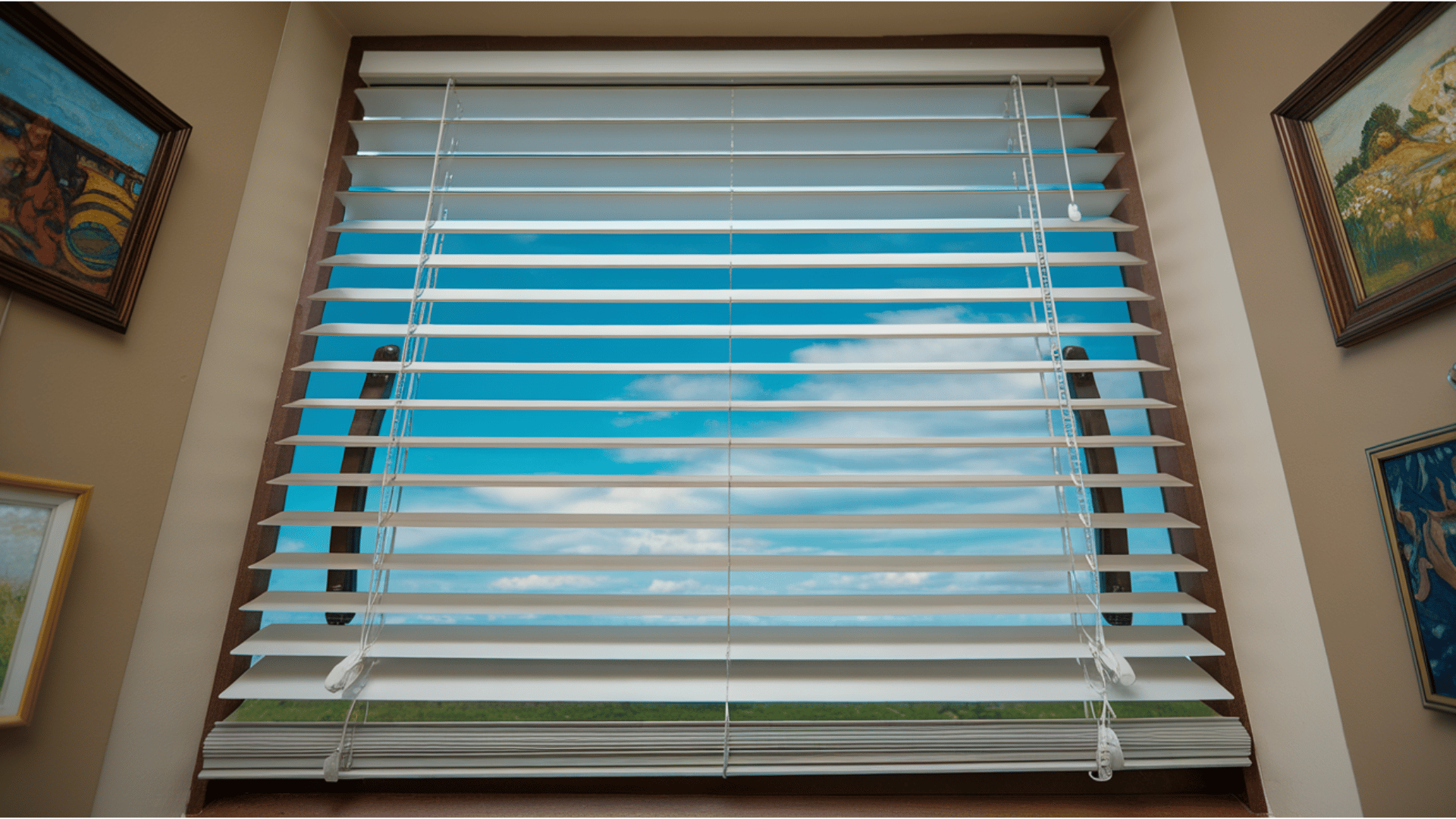 bright living room with white mini blinds, narrow slats, blue sky view, and colorful framed artwork on tan walls