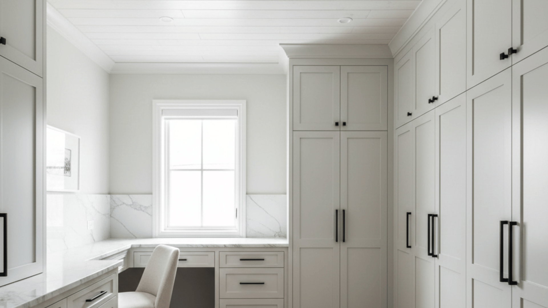 bright modern study with a whitewashed wood plank ceiling, white shaker cabinets, marble counters, and black hardware.