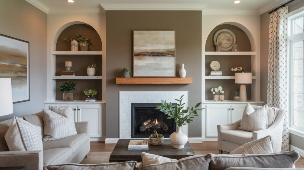 built in shelves framing a fireplace accent wall creating a balanced and functional living room design