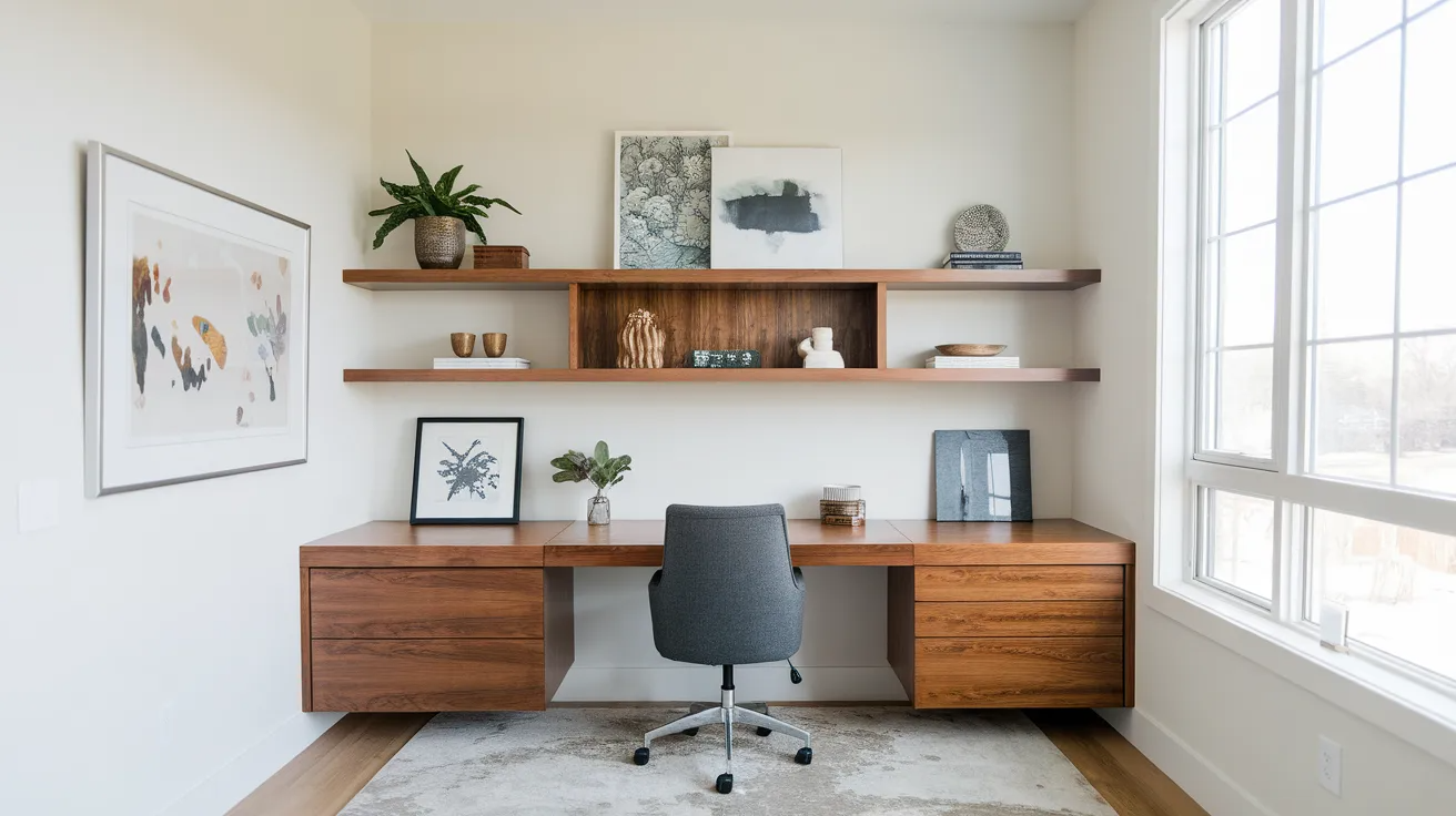 built in wall to wall diy desk creating a custom home office workspace with wide desk surface