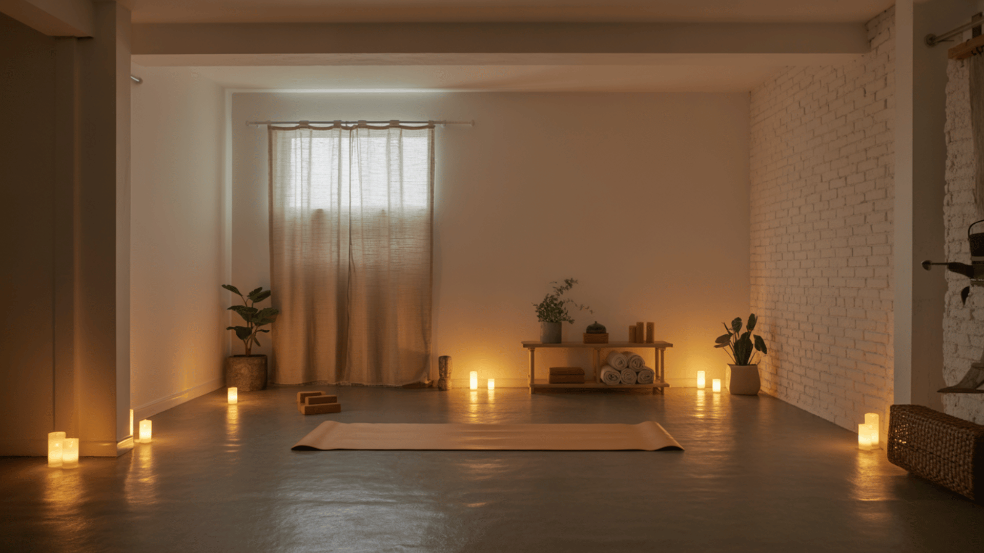 calm basement yoga studio with candles, plants, a yoga mat, soft lighting, and minimal decor for a relaxing atmosphere