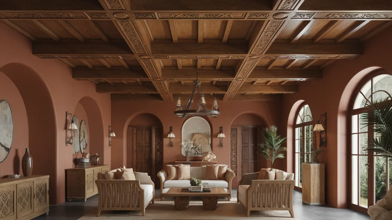carved wooden ceiling beams with decorative details in a mediterranean style room