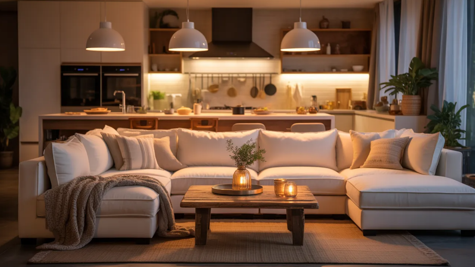 _casual seating area next to the kitchen with cozy chairs and soft lighting, where family members relax, chat, and stay connected while meals are being prepared