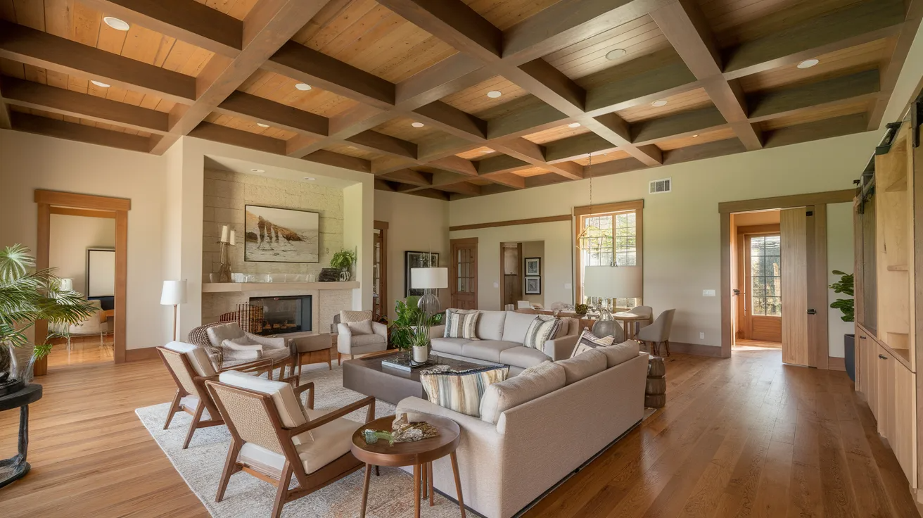 ceiling beams matching hardwood floor stain in an open concept living room