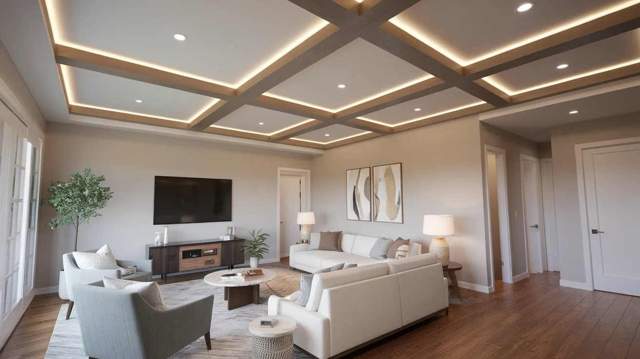 ceiling beams with built-in led strip lighting creating a soft glow