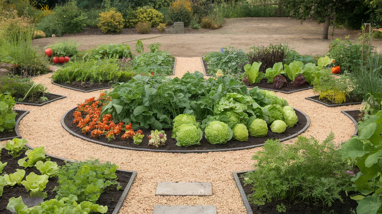 central vegetable garden bed surrounded by a walking path, with vegetables planted for easy access from all sides