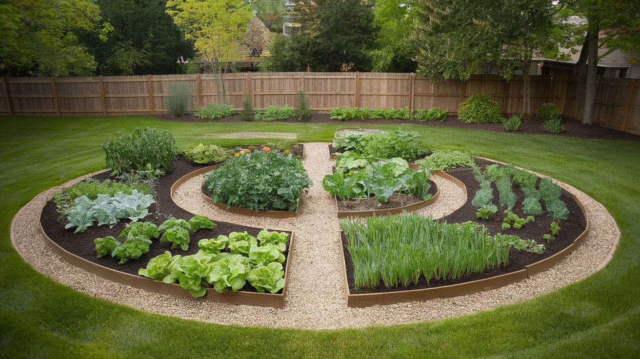 circular vegetable garden layout with plants arranged in a round bed and easy access to the center