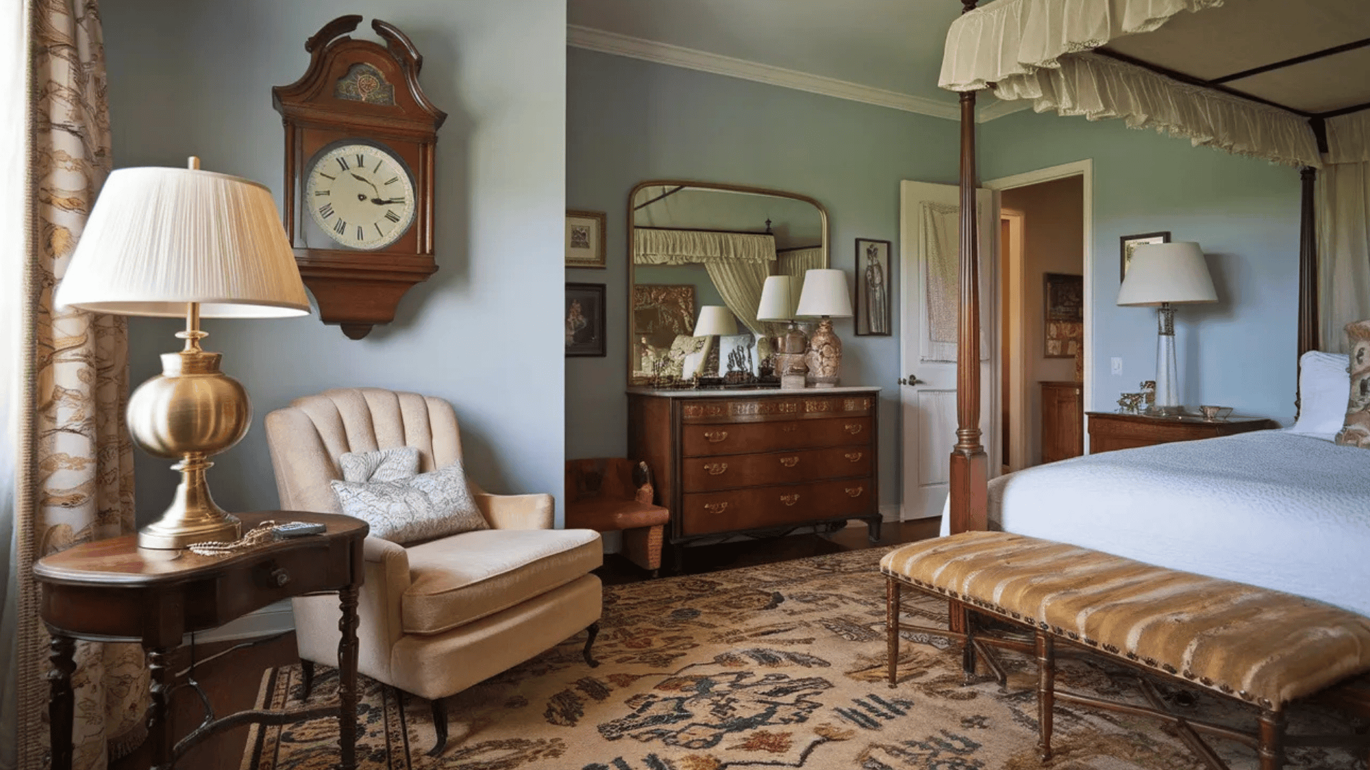 classic bedroom with antique furniture, including a wooden dresser, vintage clock, upholstered chair, and patterned rug