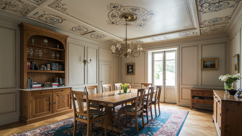 classic dining room with a painted decorative ceiling, wooden table and chairs, chandelier lighting, paneled walls, and rug.