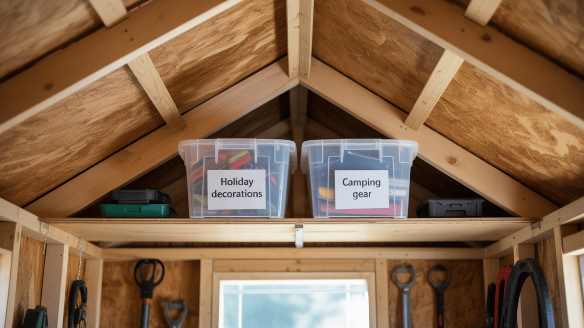 clear labeled storage bins on high wooden shed shelf holding holiday decorations and camping gear under peaked roof