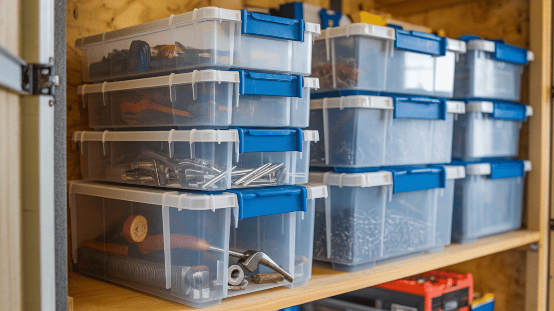 clear plastic storage bins with blue lids stacked on shed shelf, holding tools, screws, nails, and hardware supplies
