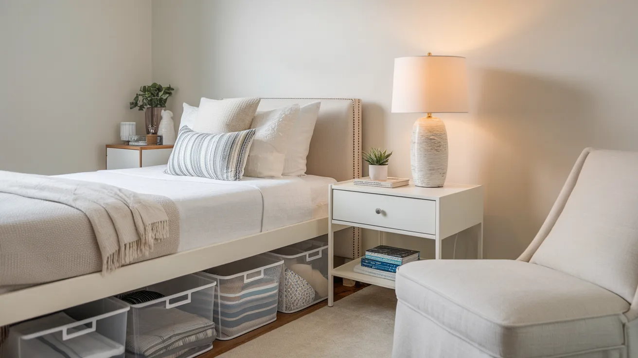 clear storage bins neatly placed under a bed in a small bedroom