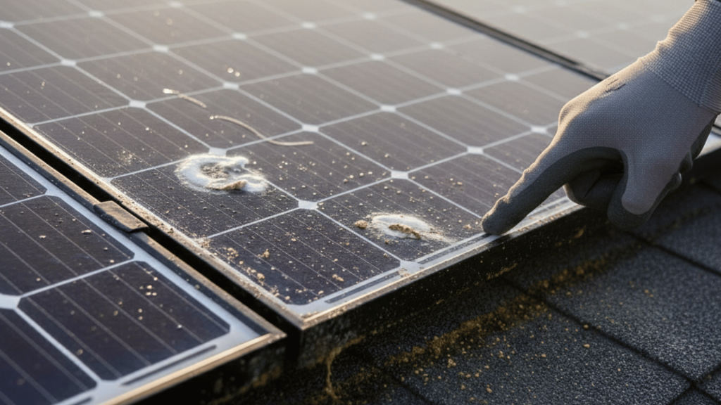 close-up of a gloved hand pointing at bird droppings and yellow pollen buildup on the lower edge of a solar panel. (1)