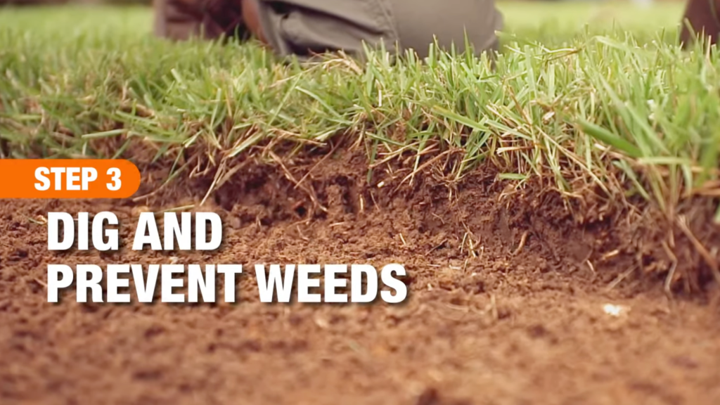 close-up of grass edge being dug up, text “Step 3 Dig and Prevent Weeds.”