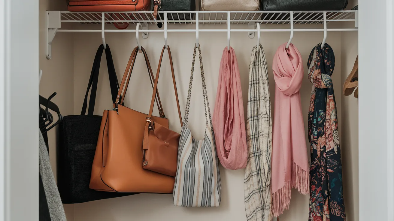 closet multi hook organizer holding bags and scarves in a small space