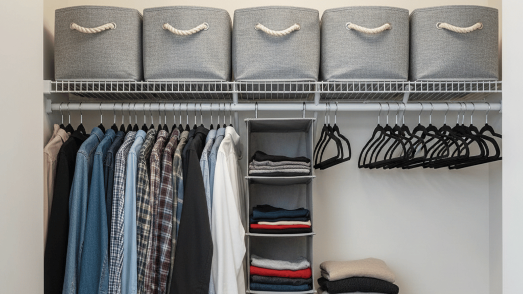 clothes in a spacious, well-lit closet with shelves, hanging clothes, and storage bins
