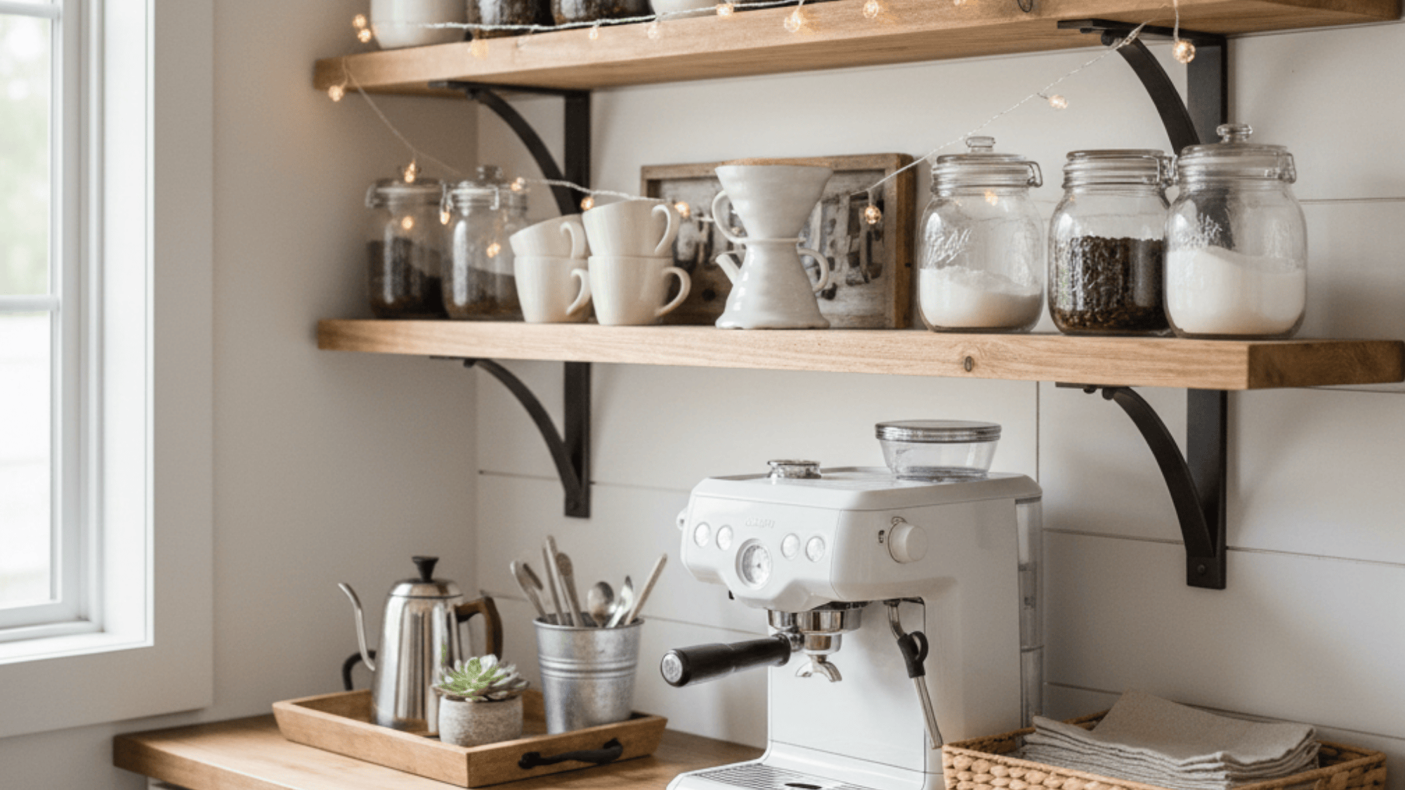 _coffee bar with mason jars and rustic wood tones