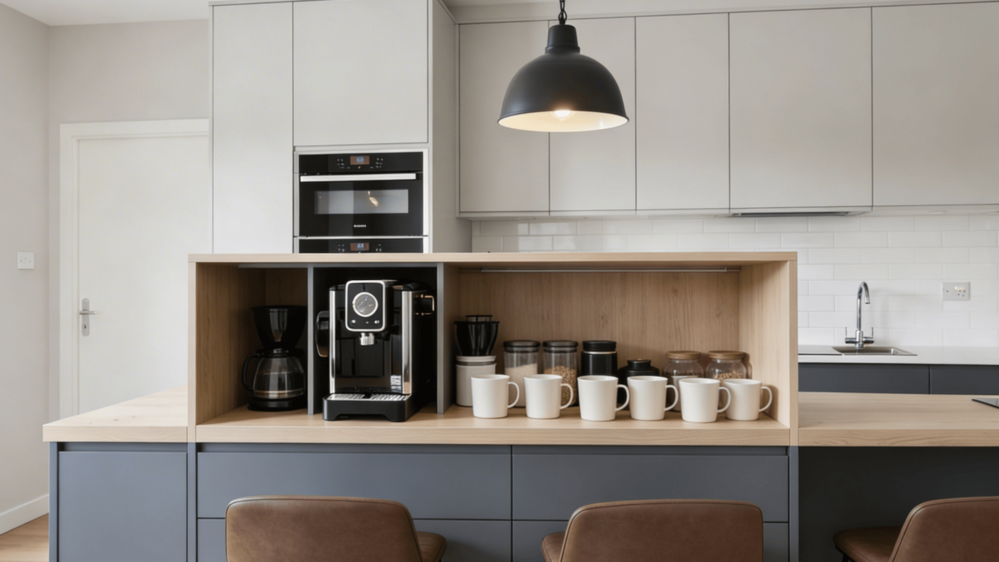 coffee station built into a kitchen island in an open plan kitchen