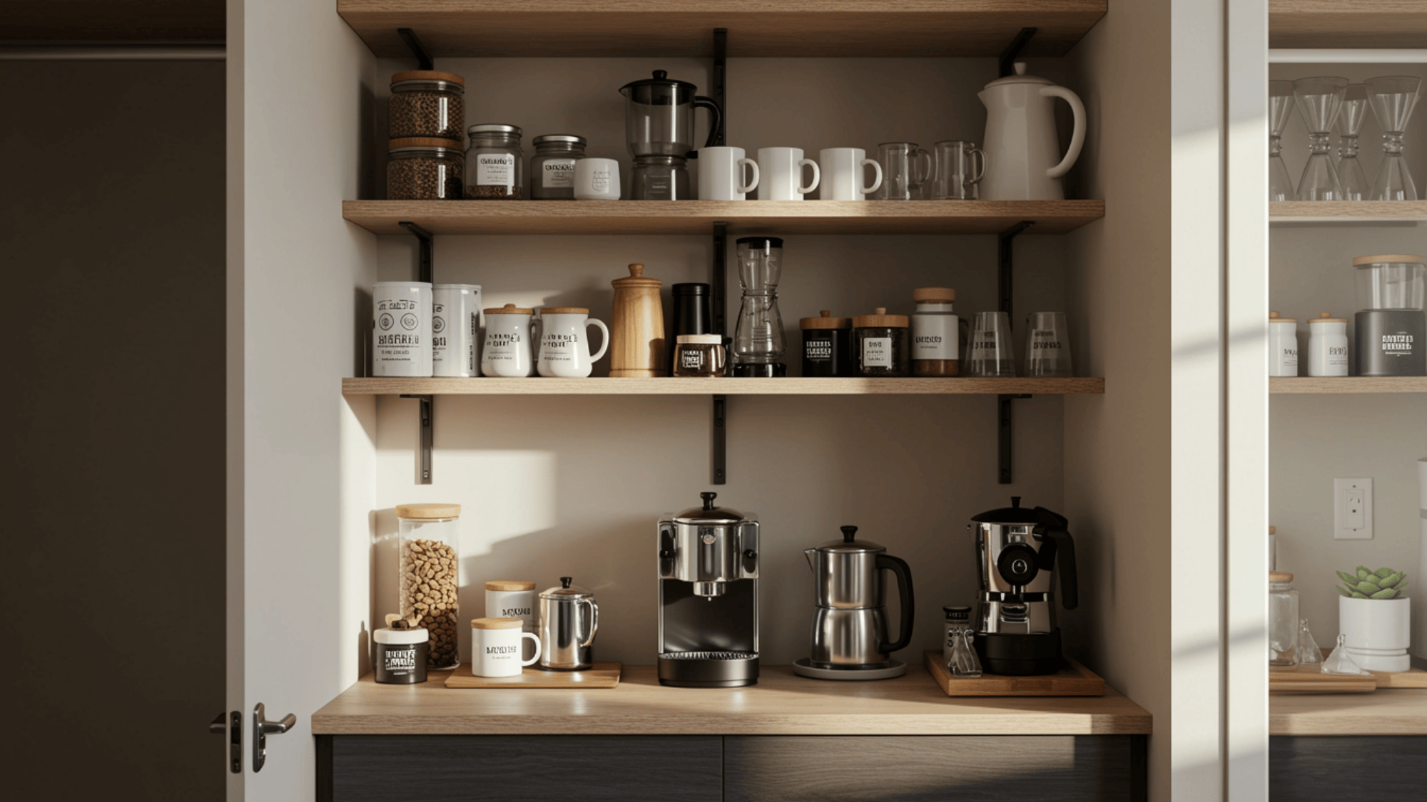 coffee station inside a converted closet with organized shelves