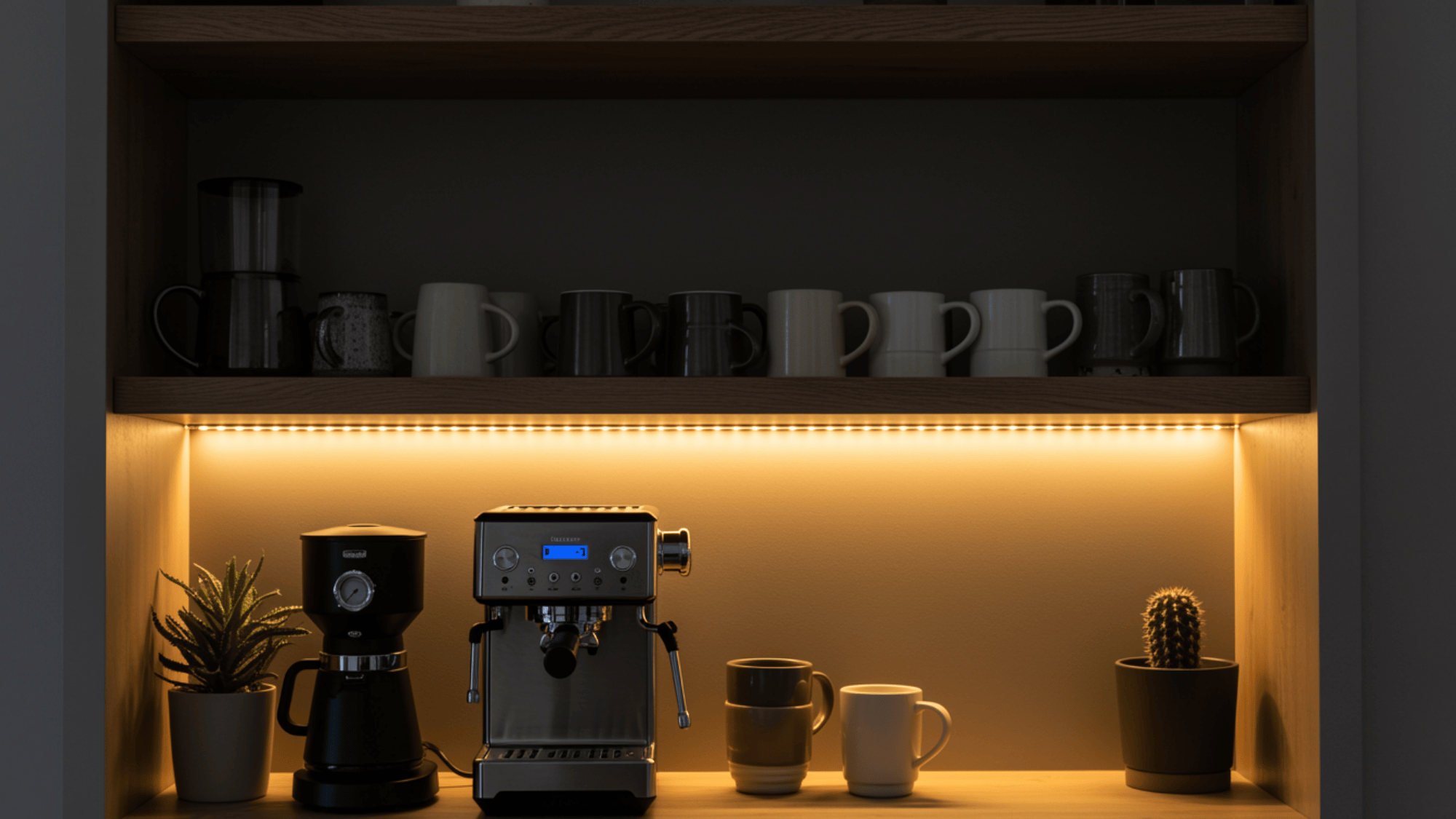 coffee station with LED strip lighting glowing under shelves