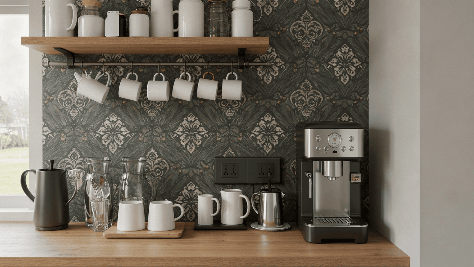 coffee station with bold patterned wallpaper accent backdrop