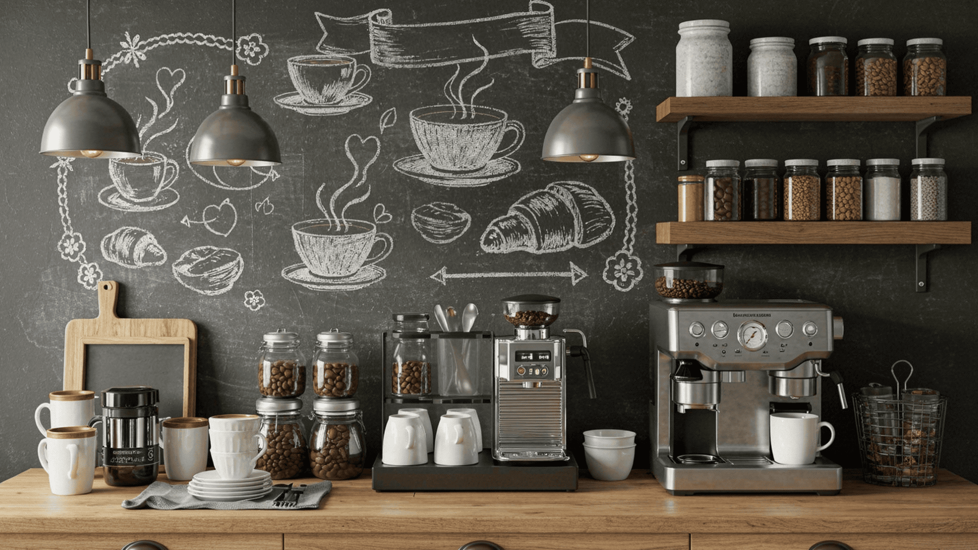 coffee station with chalkboard wall backdrop in a cafe inspired kitchen