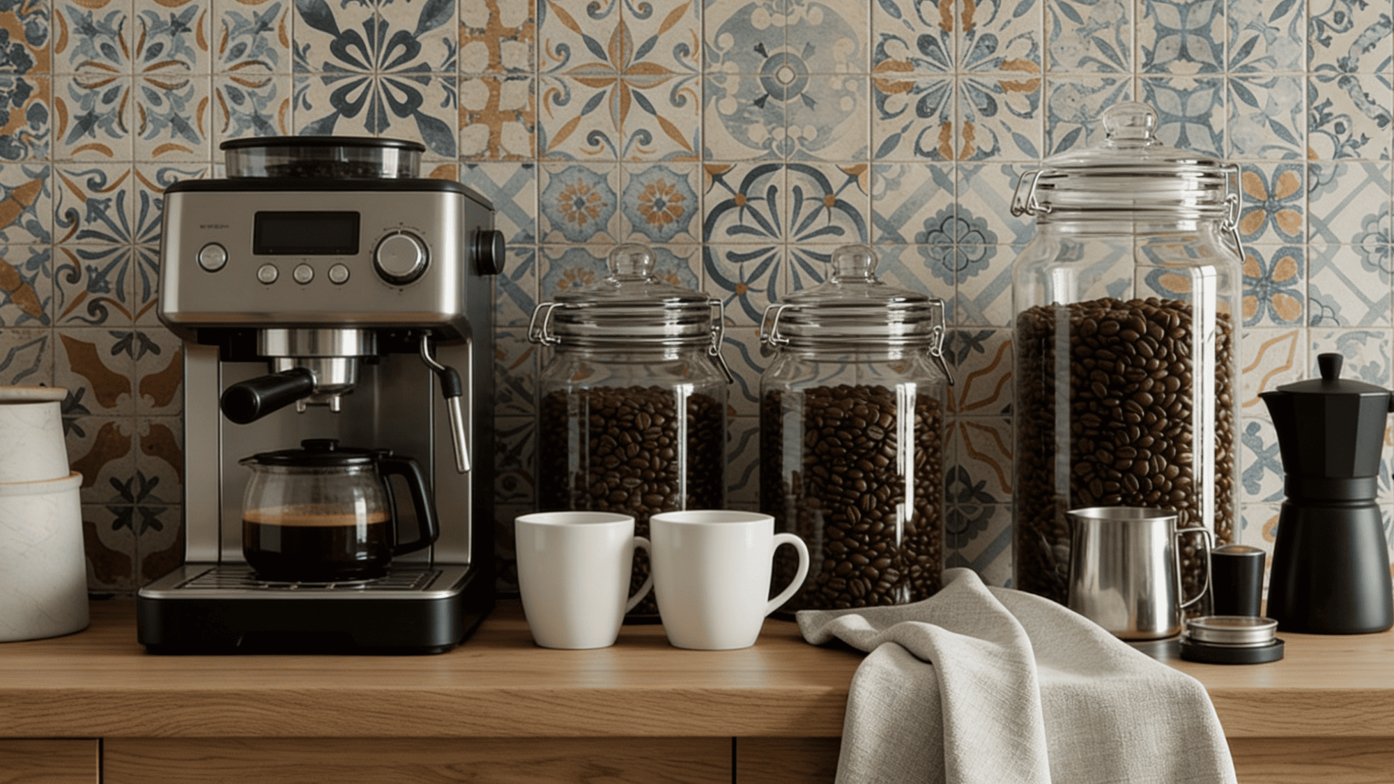 coffee station with decorative printed tile backsplash and accessories