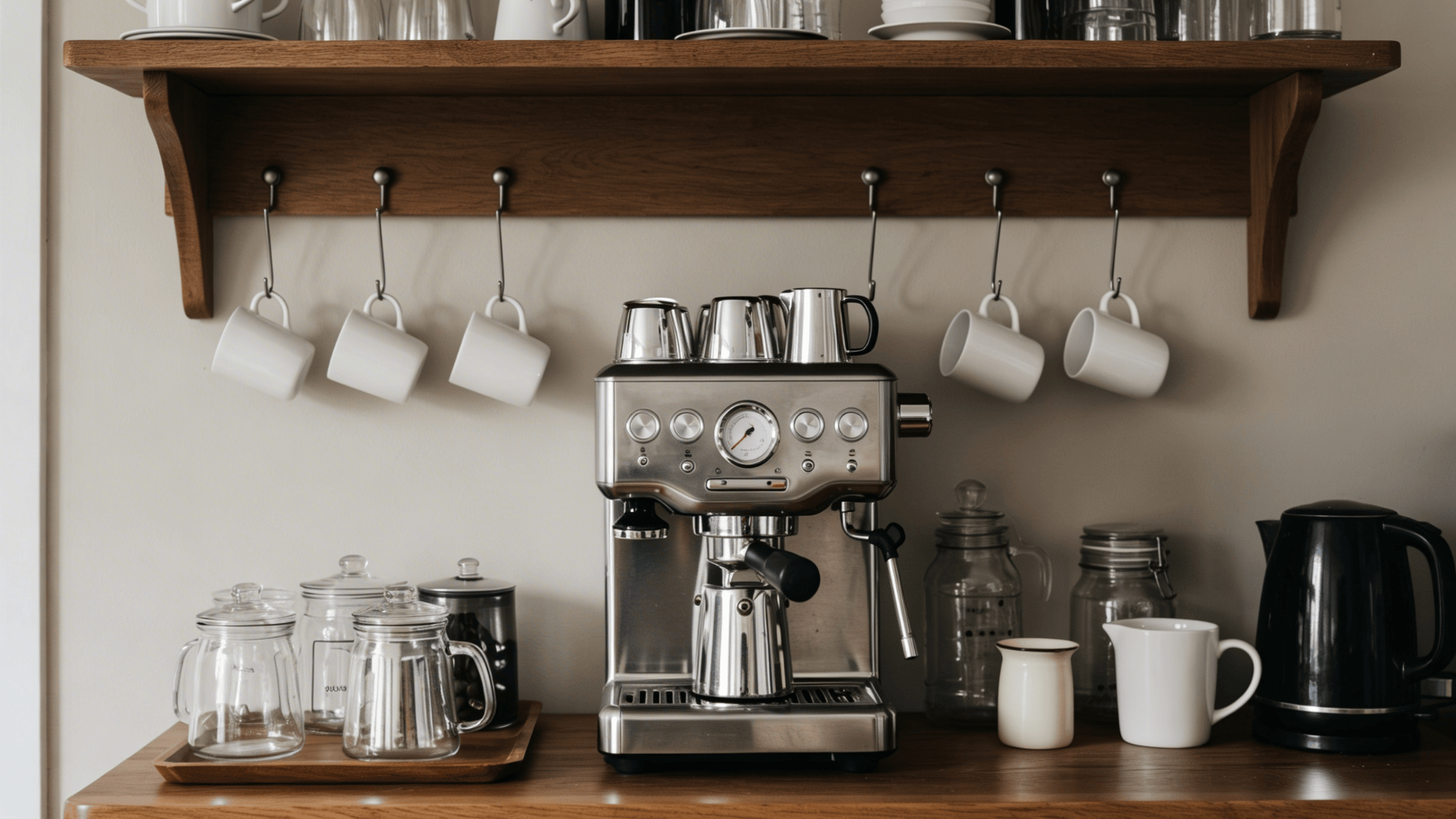 coffee station with hanging mugs on hooks under a wooden shelf