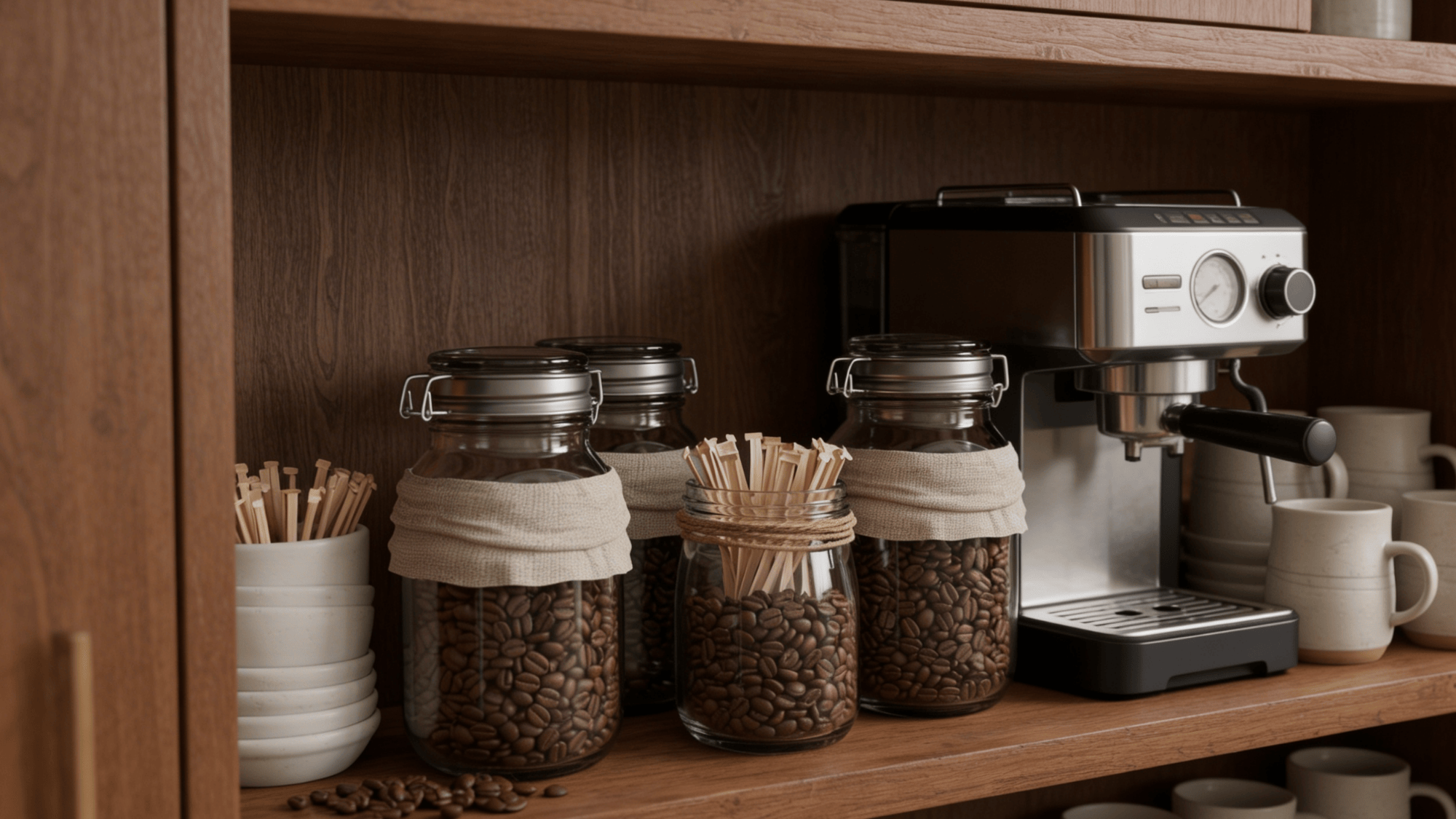 coffee station with mason jars holding coffee beans and sugar