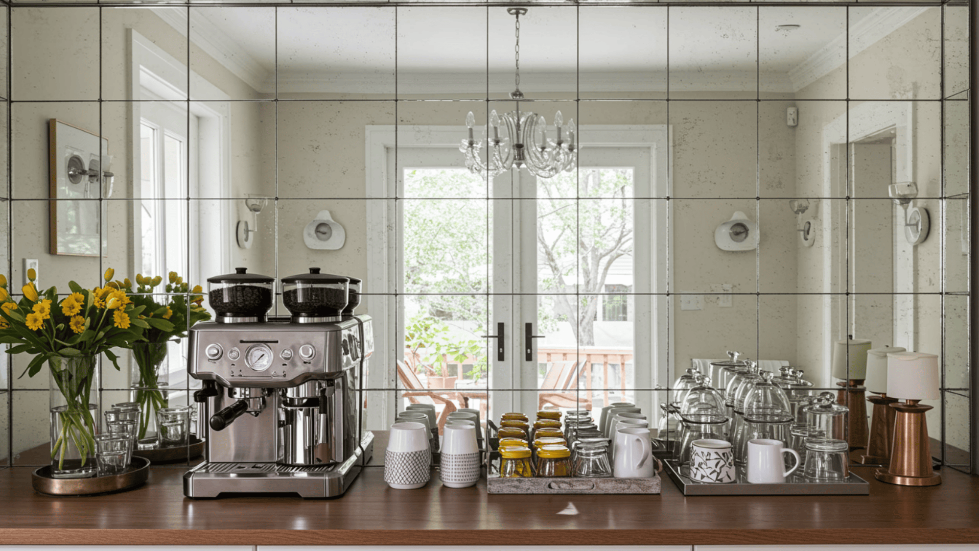 coffee station with mirrored wall backdrop reflecting natural light